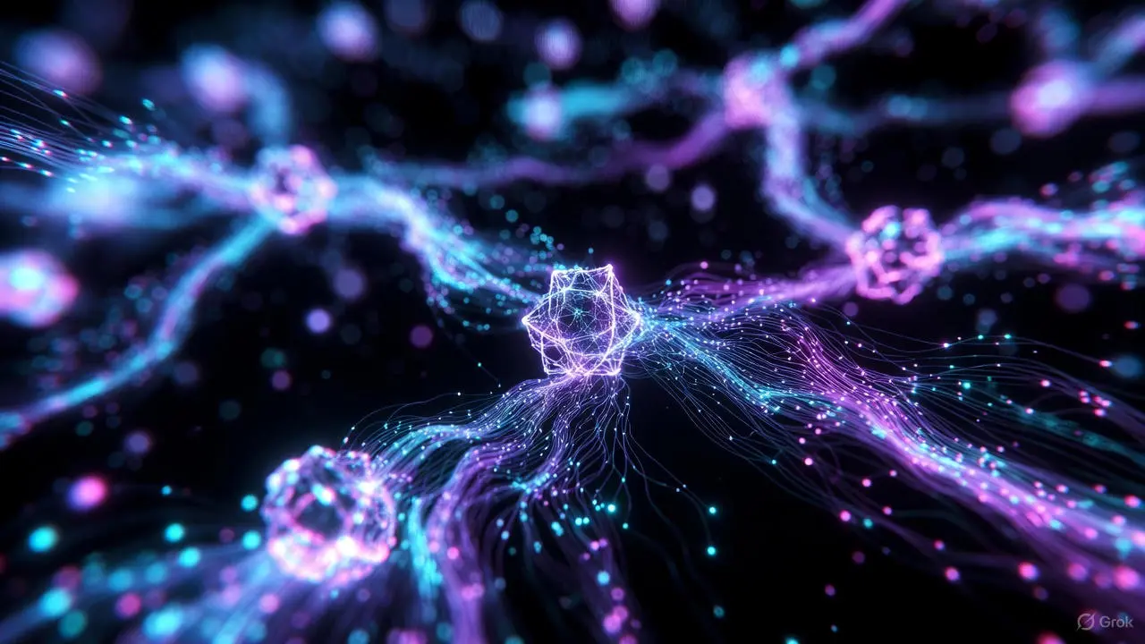 Illustration d’un qubit flottant en superposition, entouré de particules lumineuses colorées dans un espace sombre et futuriste, représentant le calcul quantique et la superposition des états.