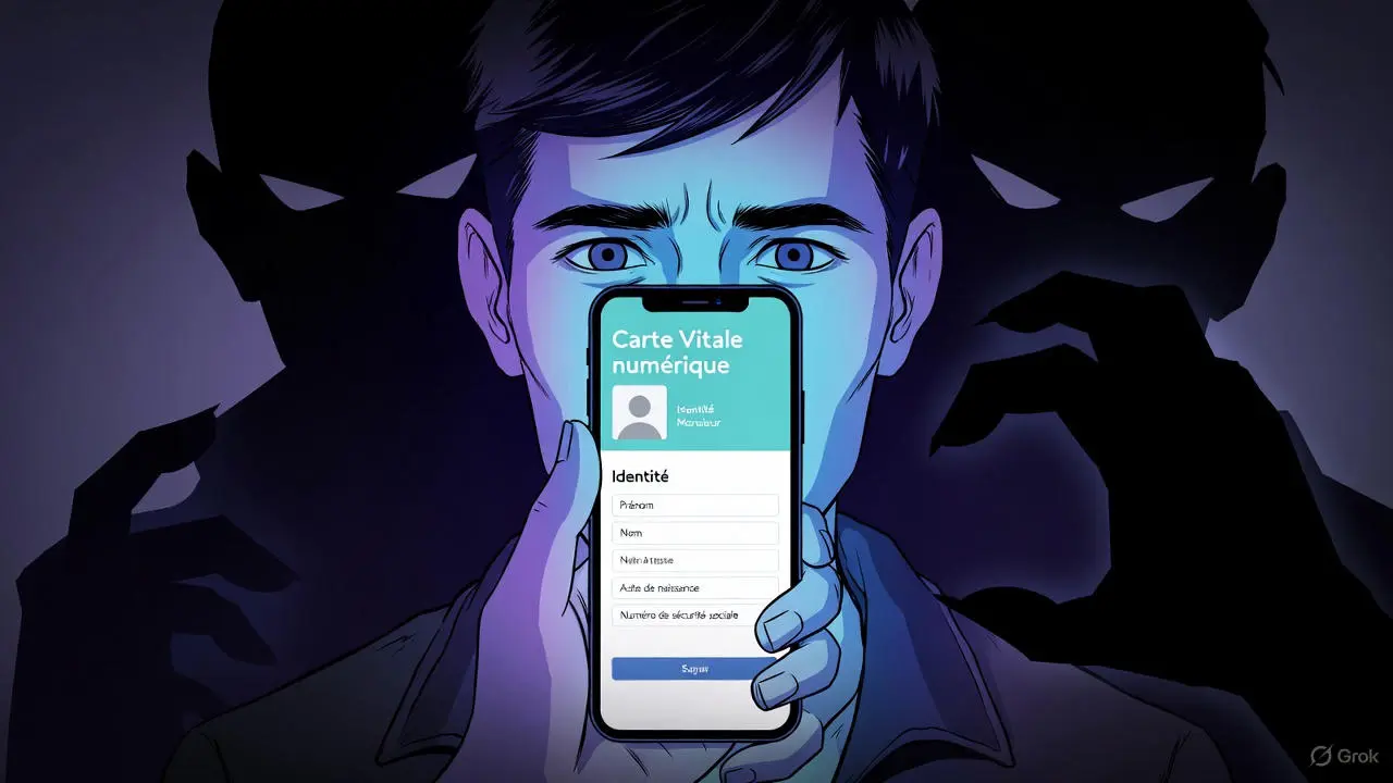 Illustration semi-réaliste montrant un utilisateur regardant son smartphone affichant la Carte Vitale numérique, entouré d’ombres menaçantes représentant des cybercriminels, ambiance sombre et angoissante avec des tons bleu et violet.
