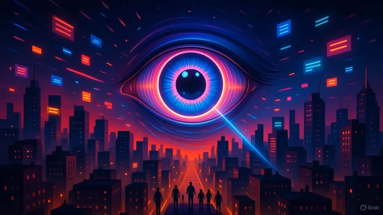  Illustration figurative montrant un œil géant en néon violet et bleu surveillant des flux de données numériques et des messages, symbolisant le projet européen Chat Control et la surveillance des communications avant chiffrement. 