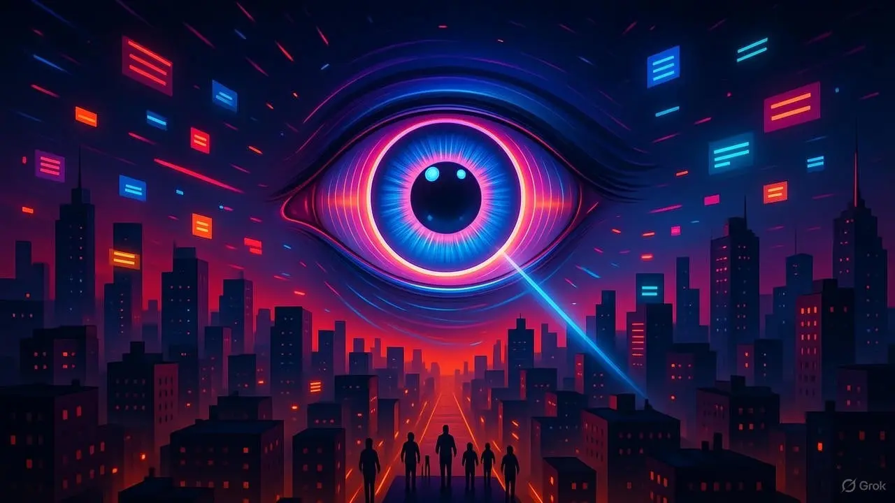 Illustration figurative montrant un œil géant en néon violet et bleu surveillant des flux de données numériques et des messages, symbolisant le projet européen Chat Control et la surveillance des communications avant chiffrement.