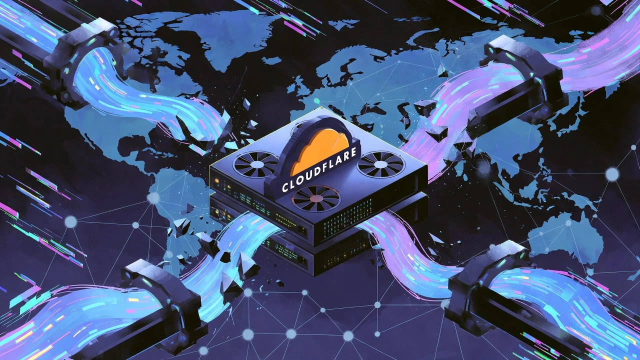 Illustration semi-réaliste du logo Cloudflare sur un serveur central, avec des pipelines automatisés qui propagent des flux de données bleu et pourpre en cascade, représentant la propagation mondiale d’une panne et la fragilité des infrastructures Internet