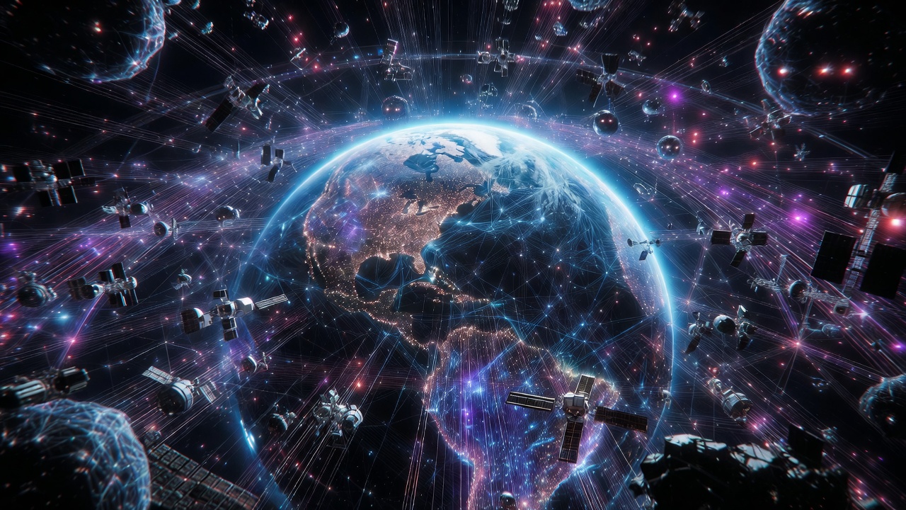 Globe terrestre entouré de réseaux de données lumineux bleus et violets, illustrant la surveillance mondiale, l’analyse massive de données et les enjeux de souveraineté numérique.