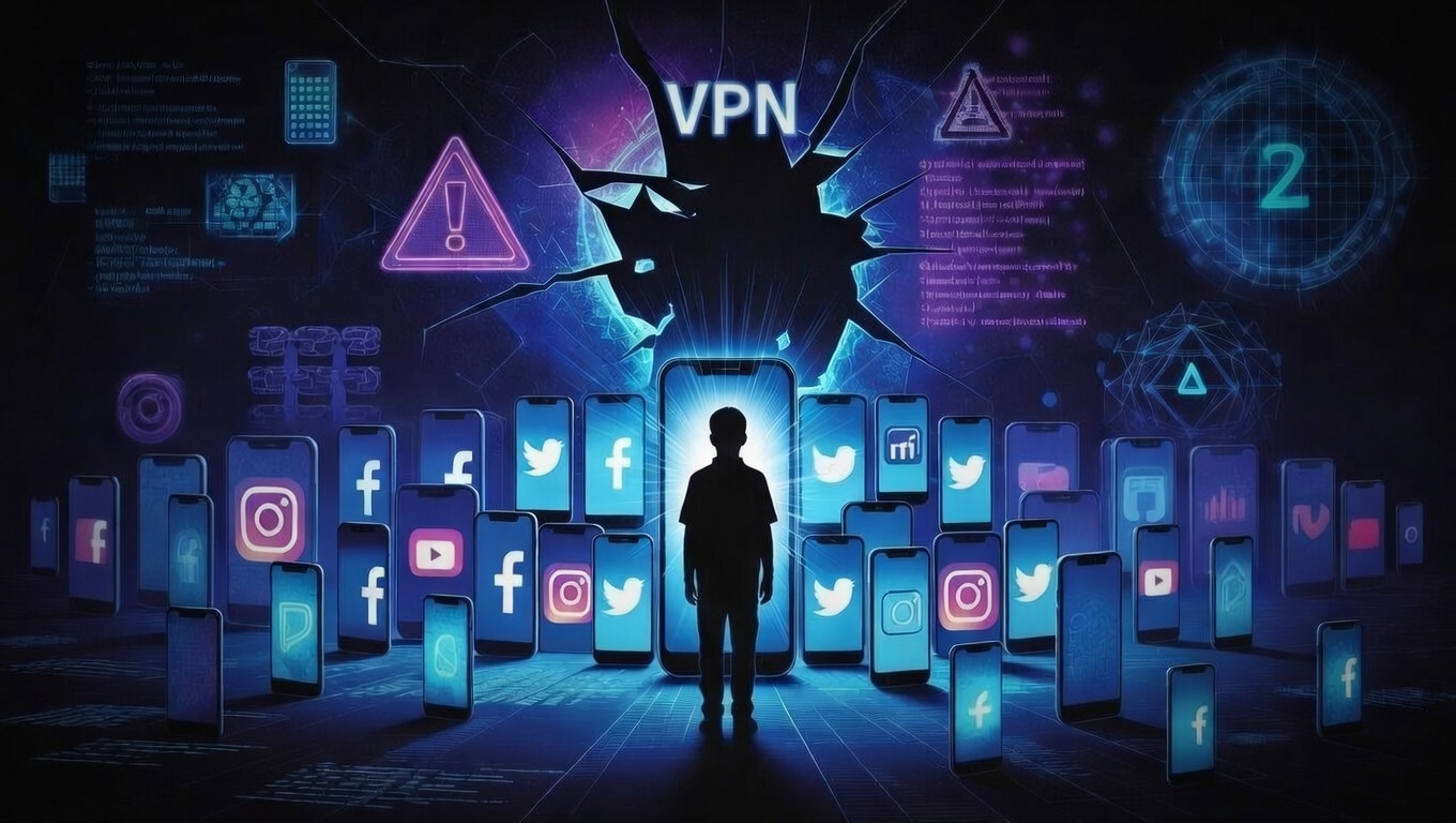 Illustration représentant la protection des mineurs en ligne avec des réseaux sociaux bloqués et des VPN sous surveillance