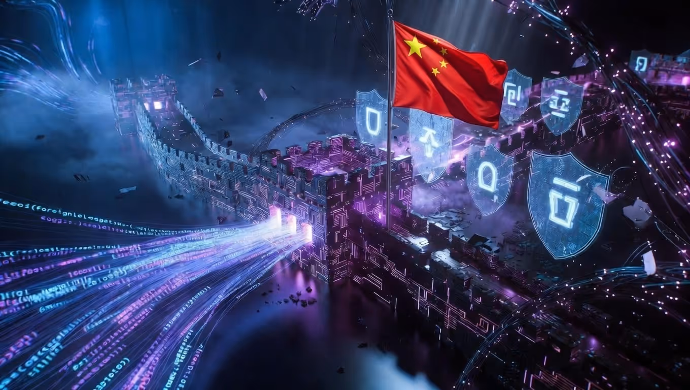 Illustration conceptuelle représentant la souveraineté numérique chinoise avec une forteresse cyber futuriste faite de circuits et de firewalls, séparant un écosystème local protégé des flux de données étrangers. Atmosphère sombre et dramatique en bleu, vi