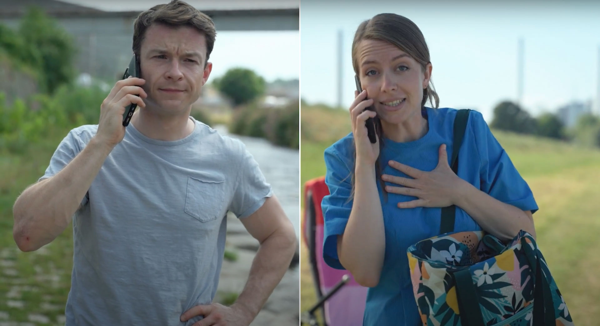 Die Moderatoren Ryan und Caro telefonieren in einer lebendigen Szene des Erklärfilms „InnoPulsLab“.