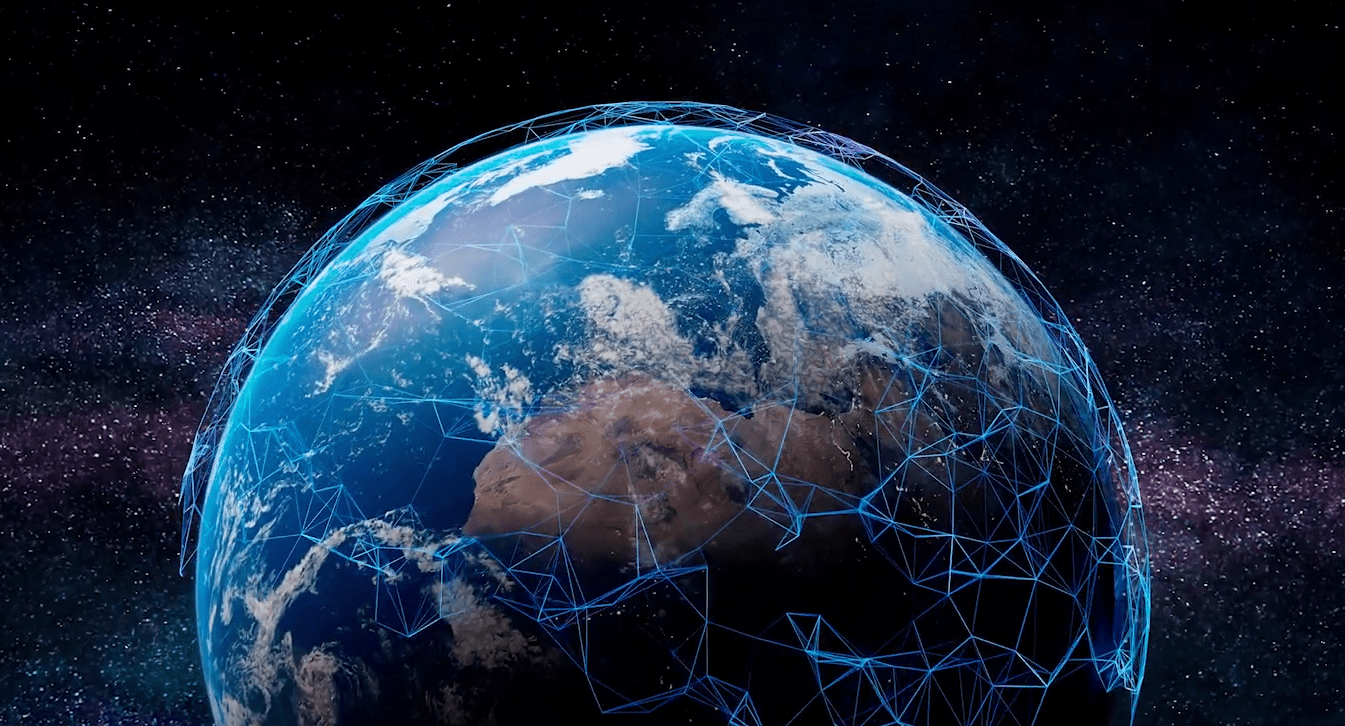 Digitales Bild der Erde mit einem blauen, globalen Netzwerk, das Technologie und Resilienz symbolisiert.