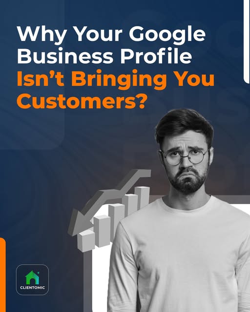 A concerned business owner looking at a declining growth chart next to text asking why their Google Business Profile isn't bringing customers