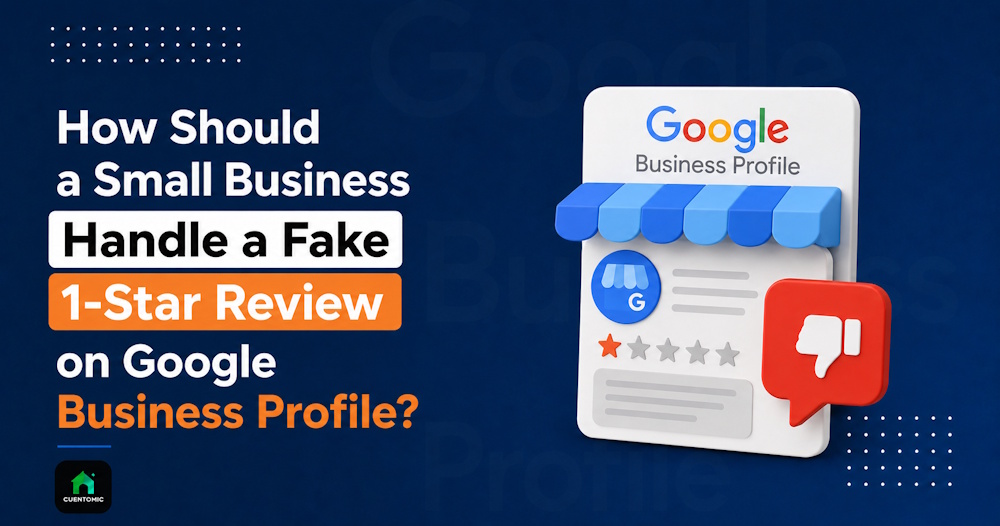 Banner showing a fake 1-star Google review on a Google Business Profile with a negative review icon and local business reputation management theme on a dark blue background