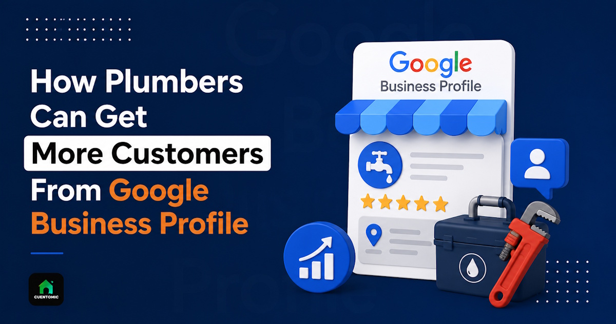 Google Business Profile illustration for plumbers featuring a 3D business listing with five-star reviews, plumbing service icon, toolbox, pipe wrench, customer inquiry symbol, and growth chart on a dark blue background.
