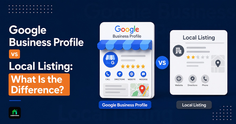 Google Business Profile and Local Listing comparison featuring two 3D listing cards side by side, Google Business Profile storefront with map pin and customer actions, Local Listing card with basic business information, and a central VS badge on a dark blu