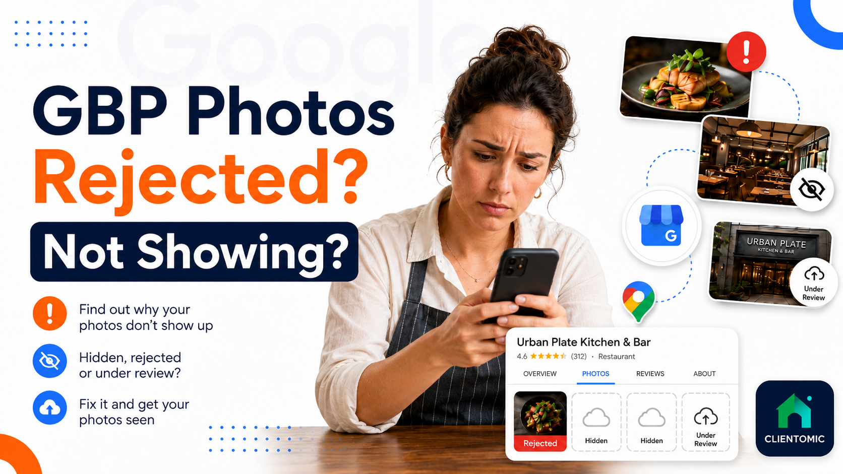 Restaurant owner checking her phone as Google Business Profile photos are rejected, hidden, or under review.
