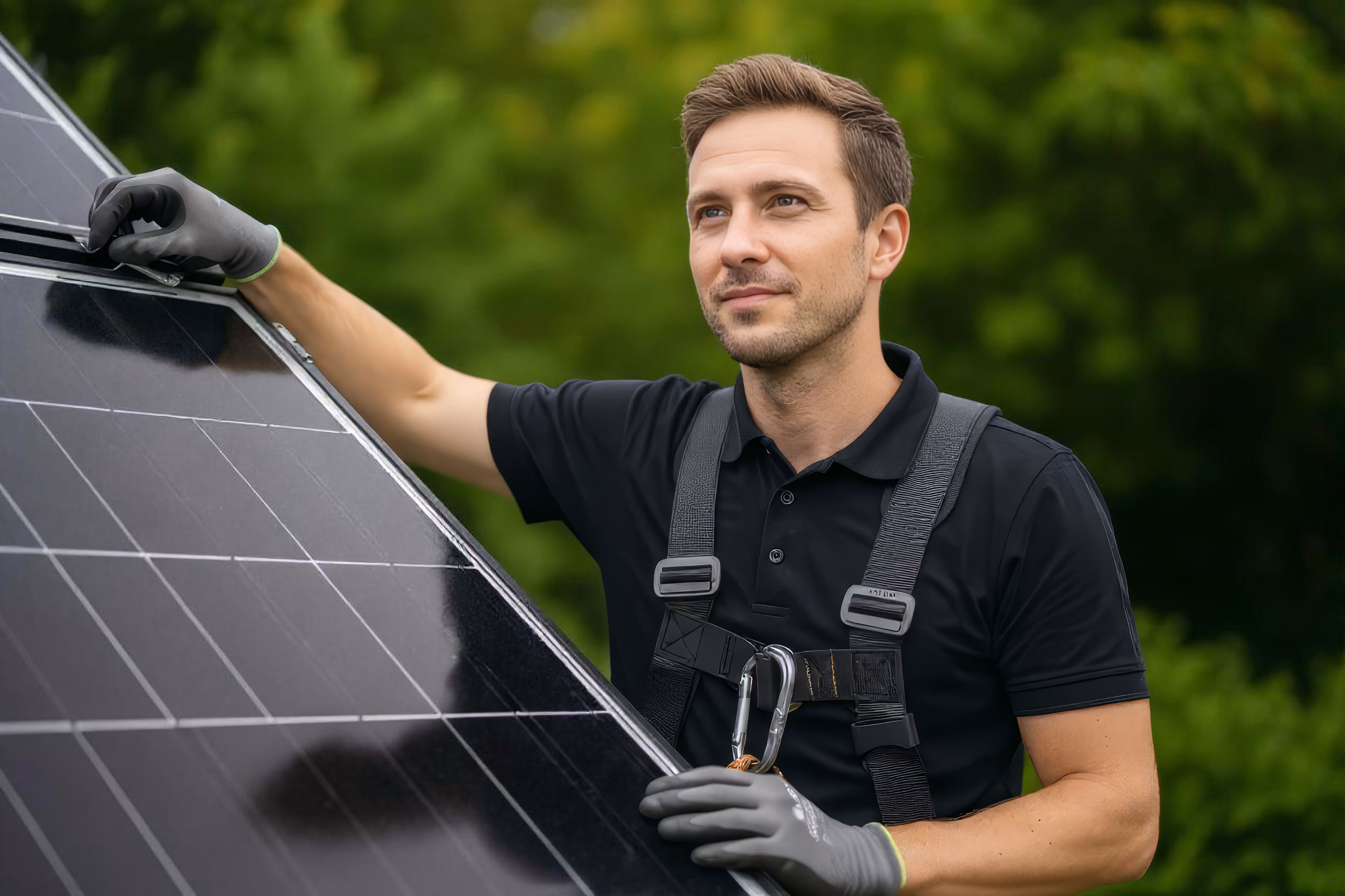 Installateur photovoltaïque vérifiant un panneau solaire sur un toit, représentant le savoir-faire technique et la transition vers l’énergie propre