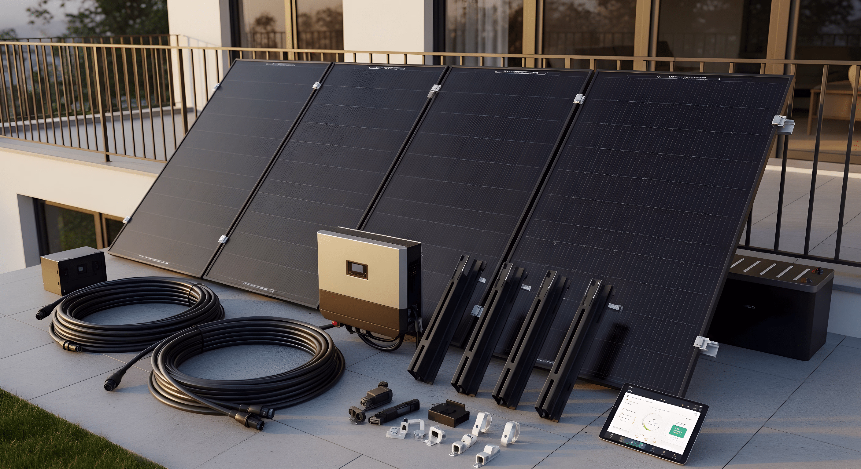 Ensemble complet Sunlib comprenant panneaux solaires, câbles, supports et onduleur prêt à l’installation.