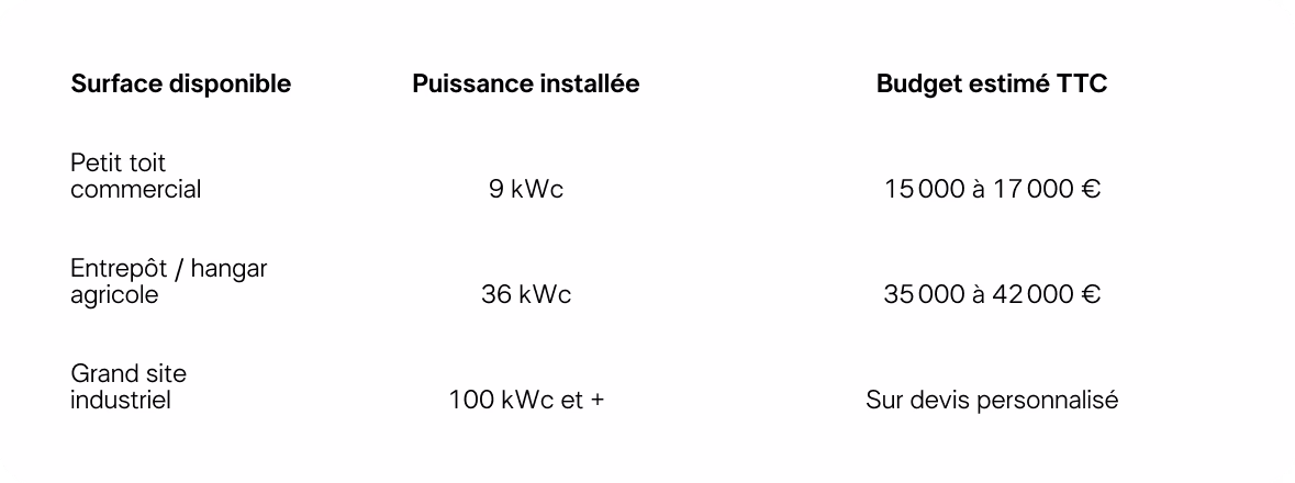 Tableau estimant le budget solaire TTC selon la surface disponible et la puissance installée pour les professionnels.