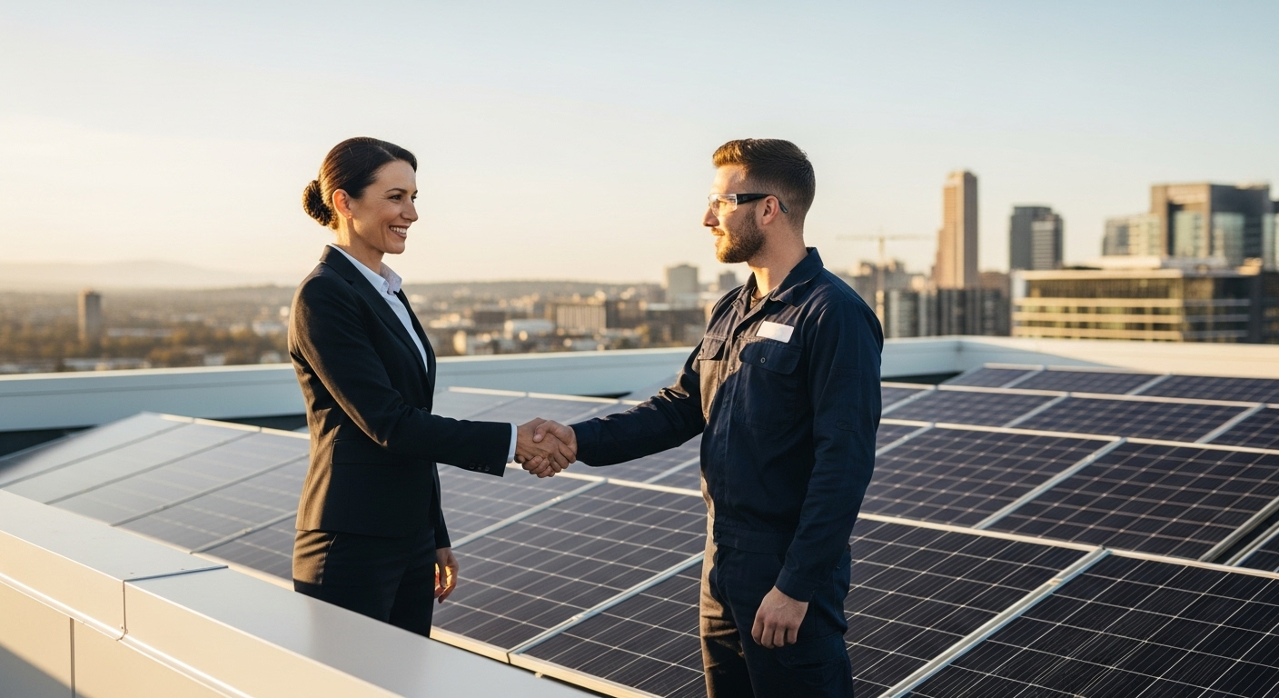 Partenariat entre une cheffe d’entreprise et un technicien solaire Sunlib se serrant la main sur un toit équipé de panneaux photovoltaïques.