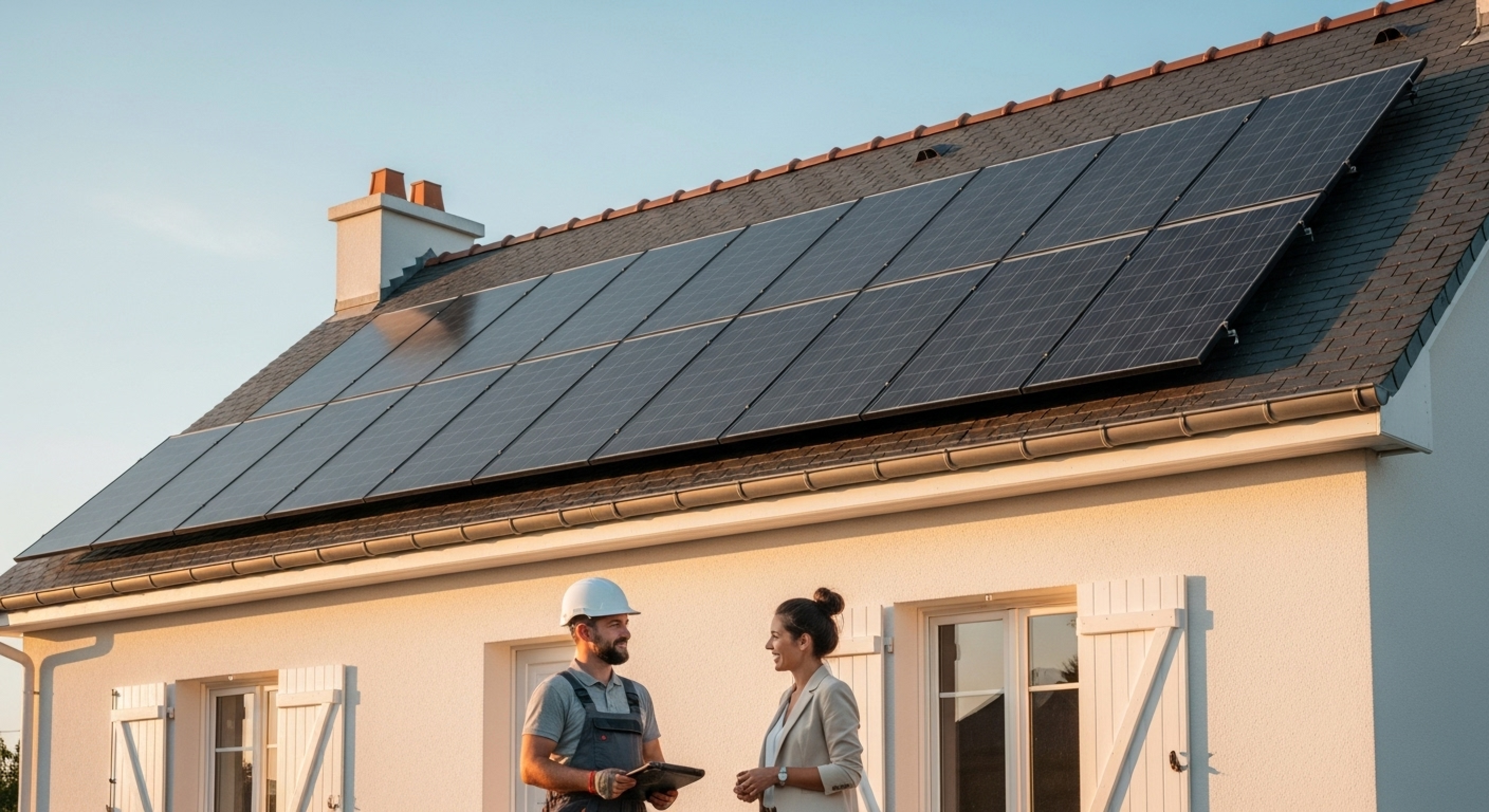 Technicien solaire Sunlib expliquant l’installation de panneaux photovoltaïques à une cliente devant sa maison.