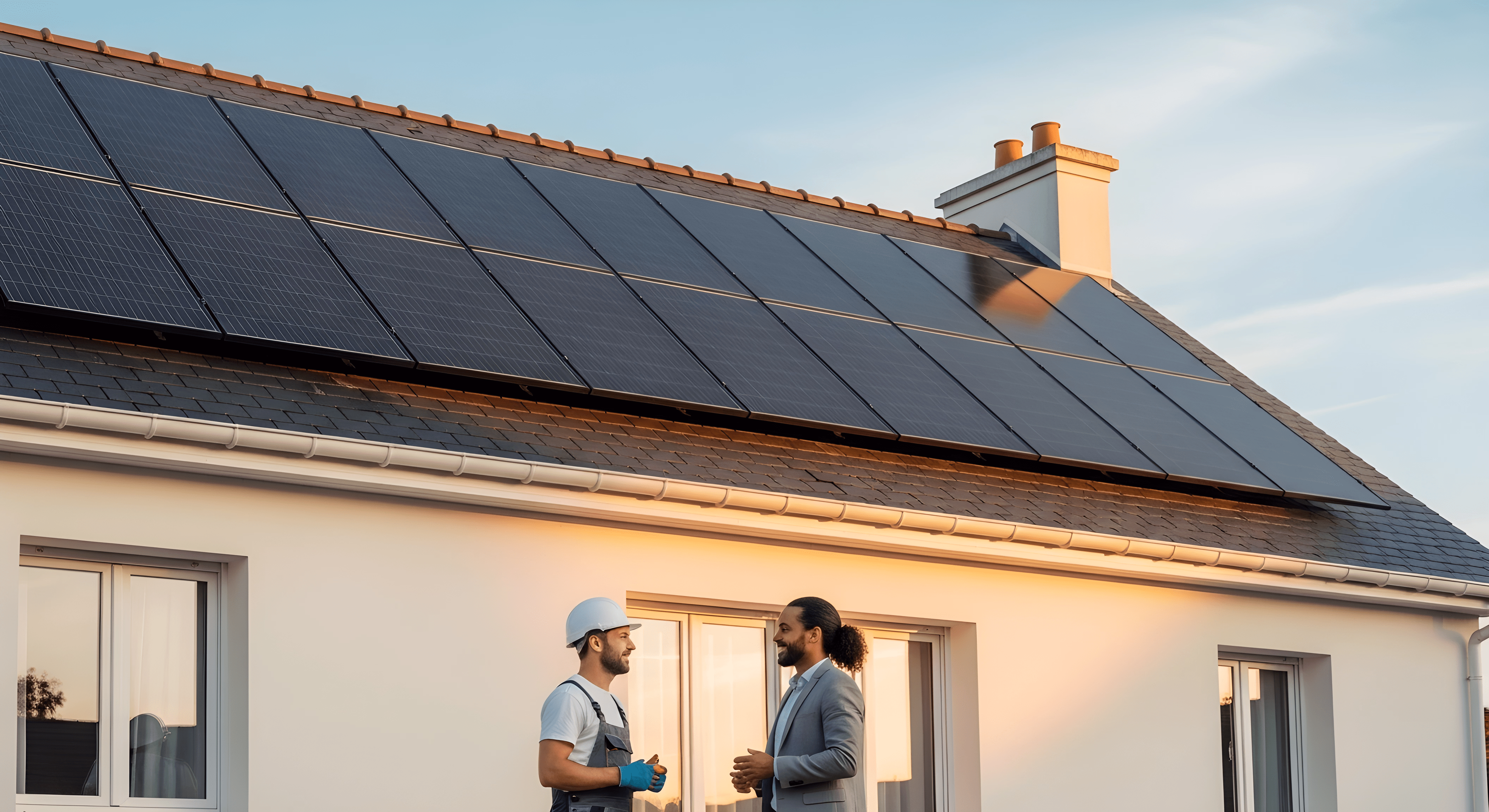 Technicien solaire Sunlib échangeant avec un client devant une maison équipée de panneaux photovoltaïques modernes.