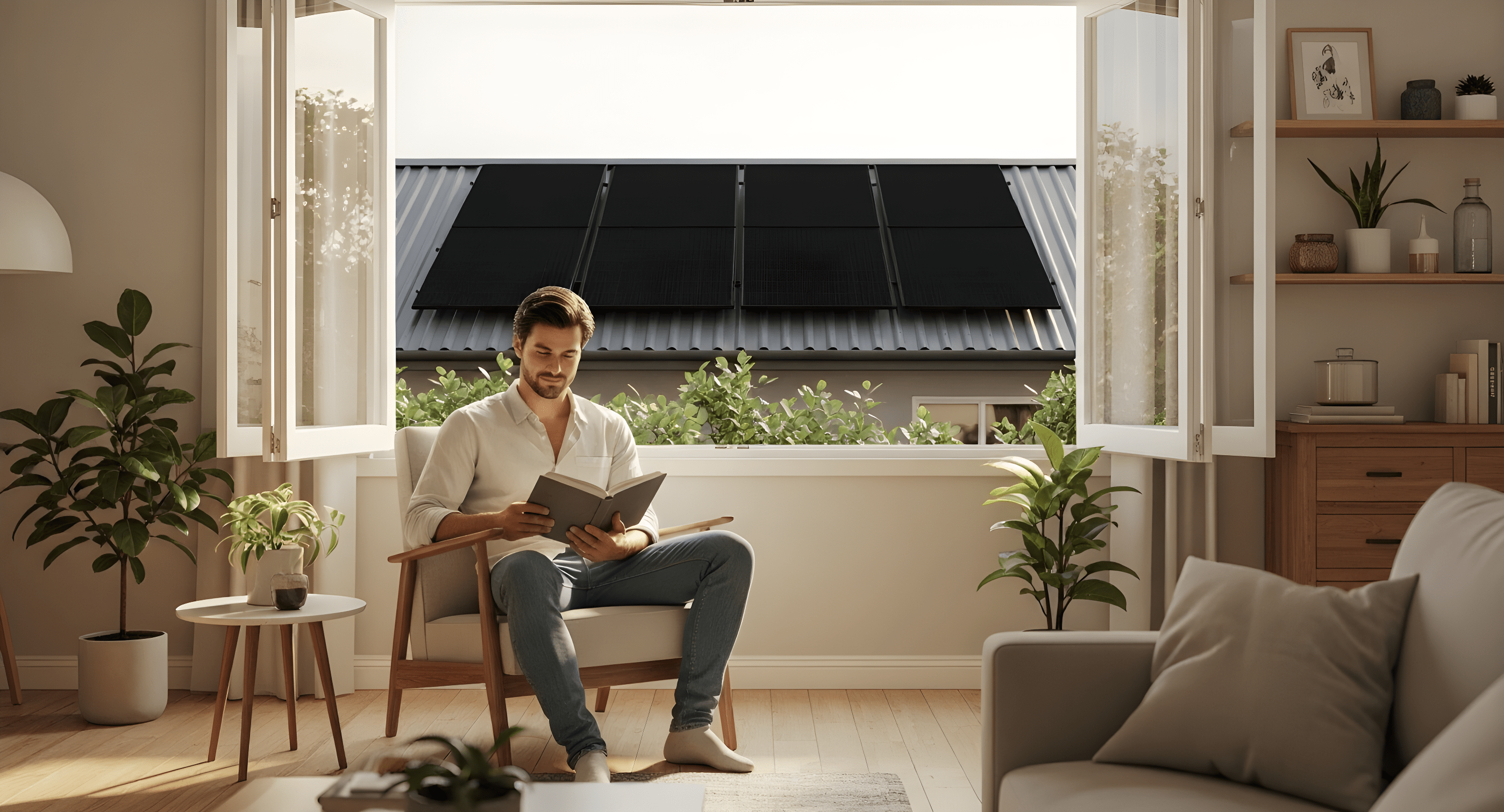 Homme lisant dans son salon baigné de lumière naturelle, avec vue sur le toit équipé de panneaux solaires Sunlib.