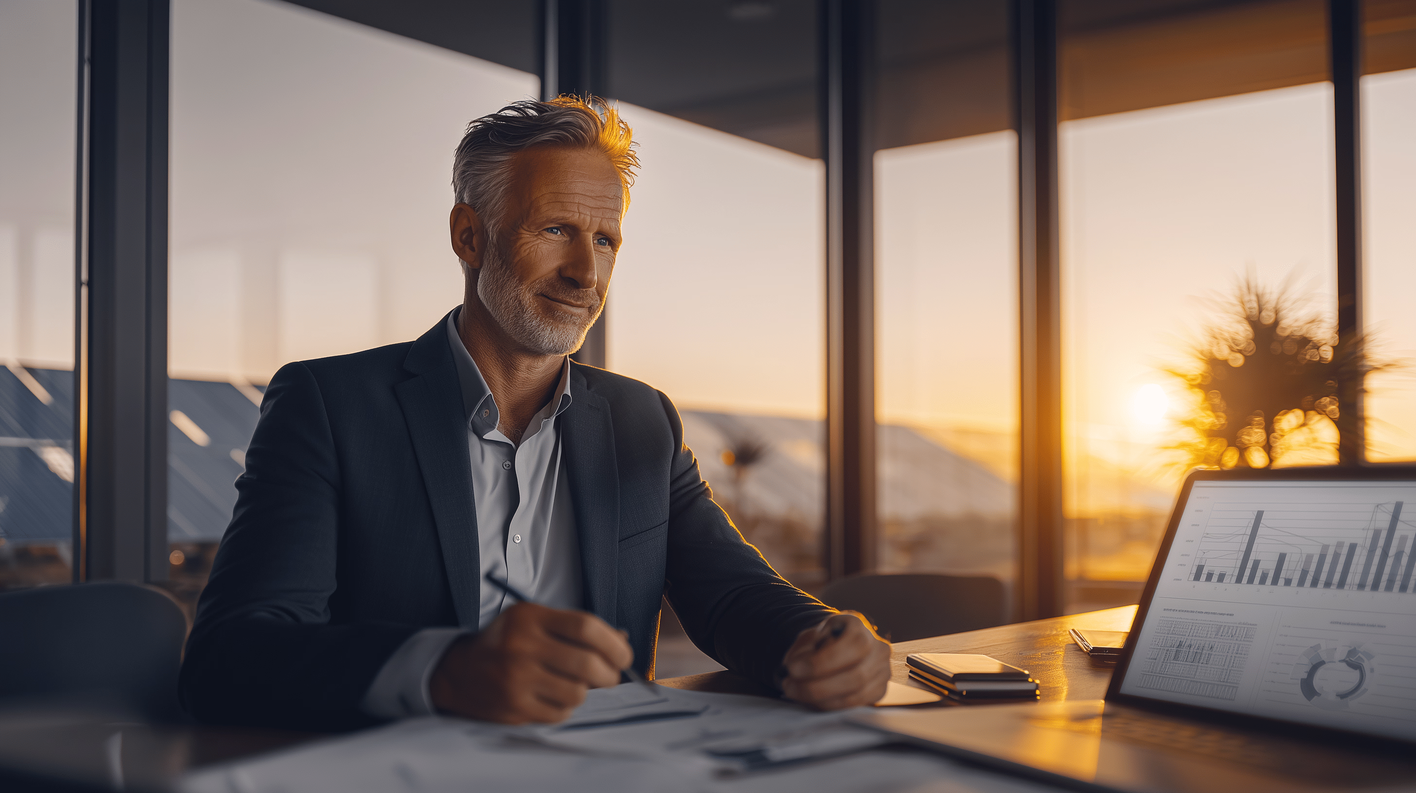 Dirigeant d’entreprise observant des graphiques financiers au coucher du soleil dans un bureau vitré donnant sur une installation solaire.