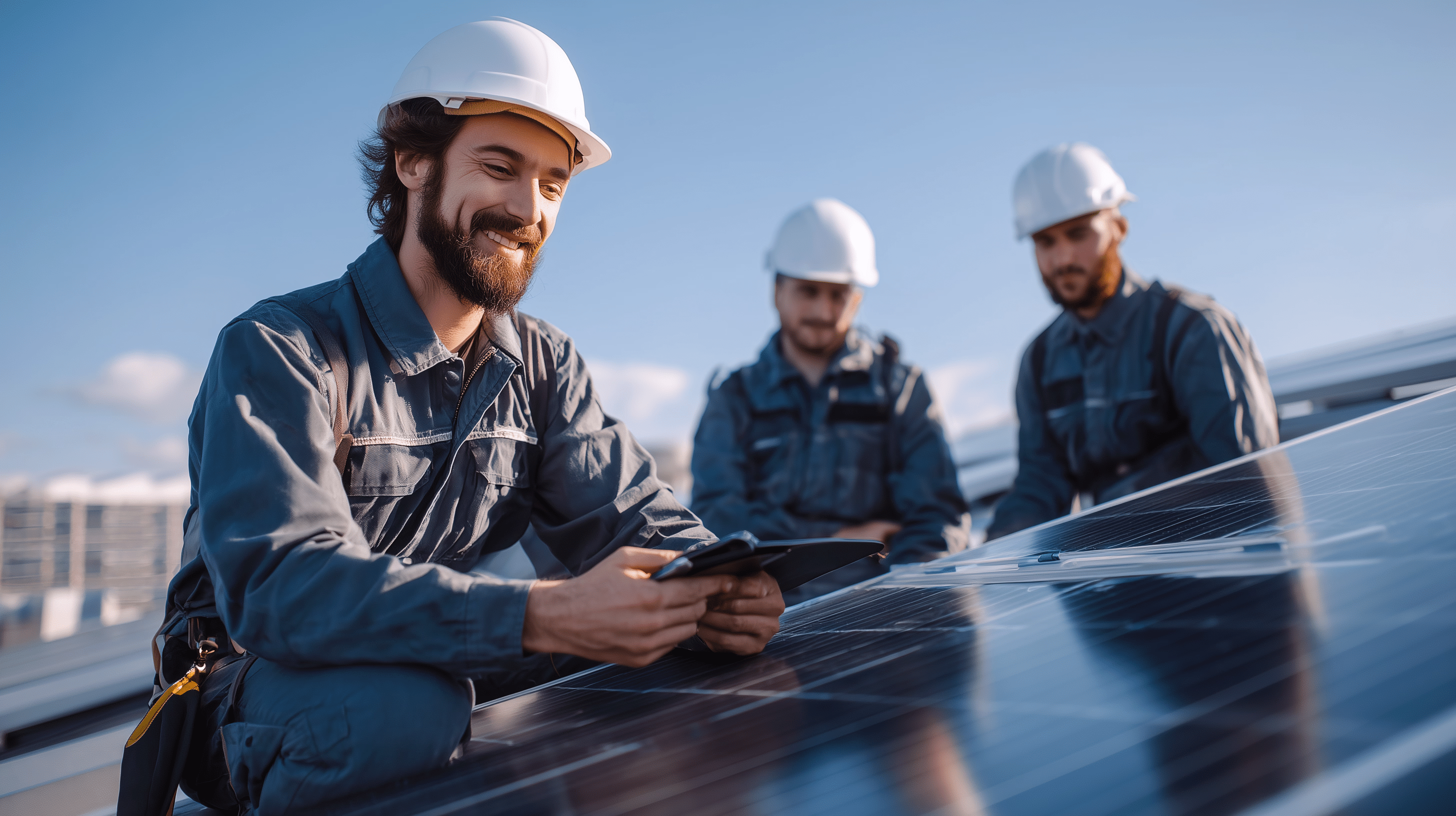 Équipe de techniciens souriants installant des panneaux solaires sur un toit industriel sous un ciel dégagé.