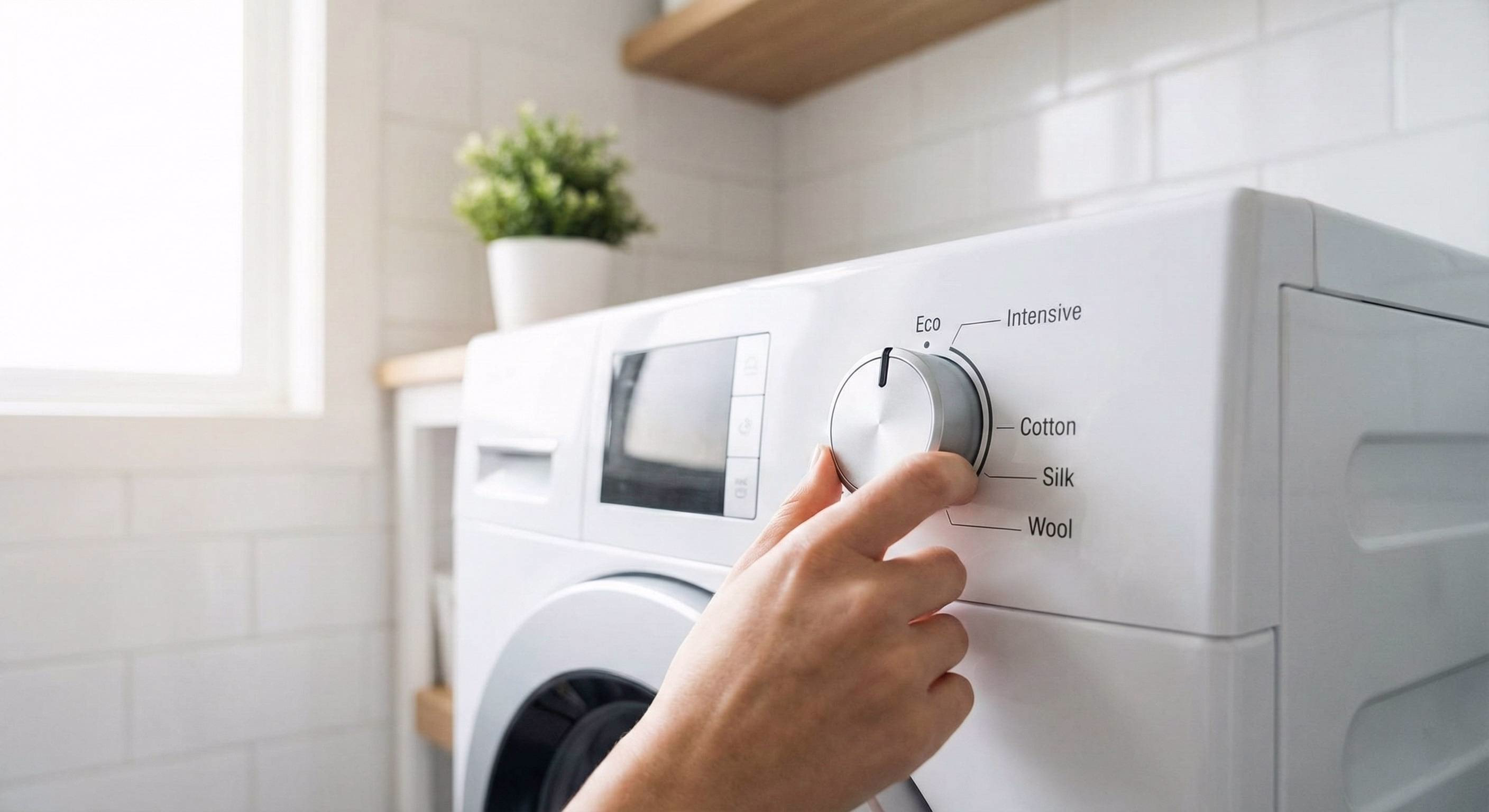 Main tournant le bouton d’un lave-linge sur le mode « Eco », symbole d’une consommation électrique réduite.