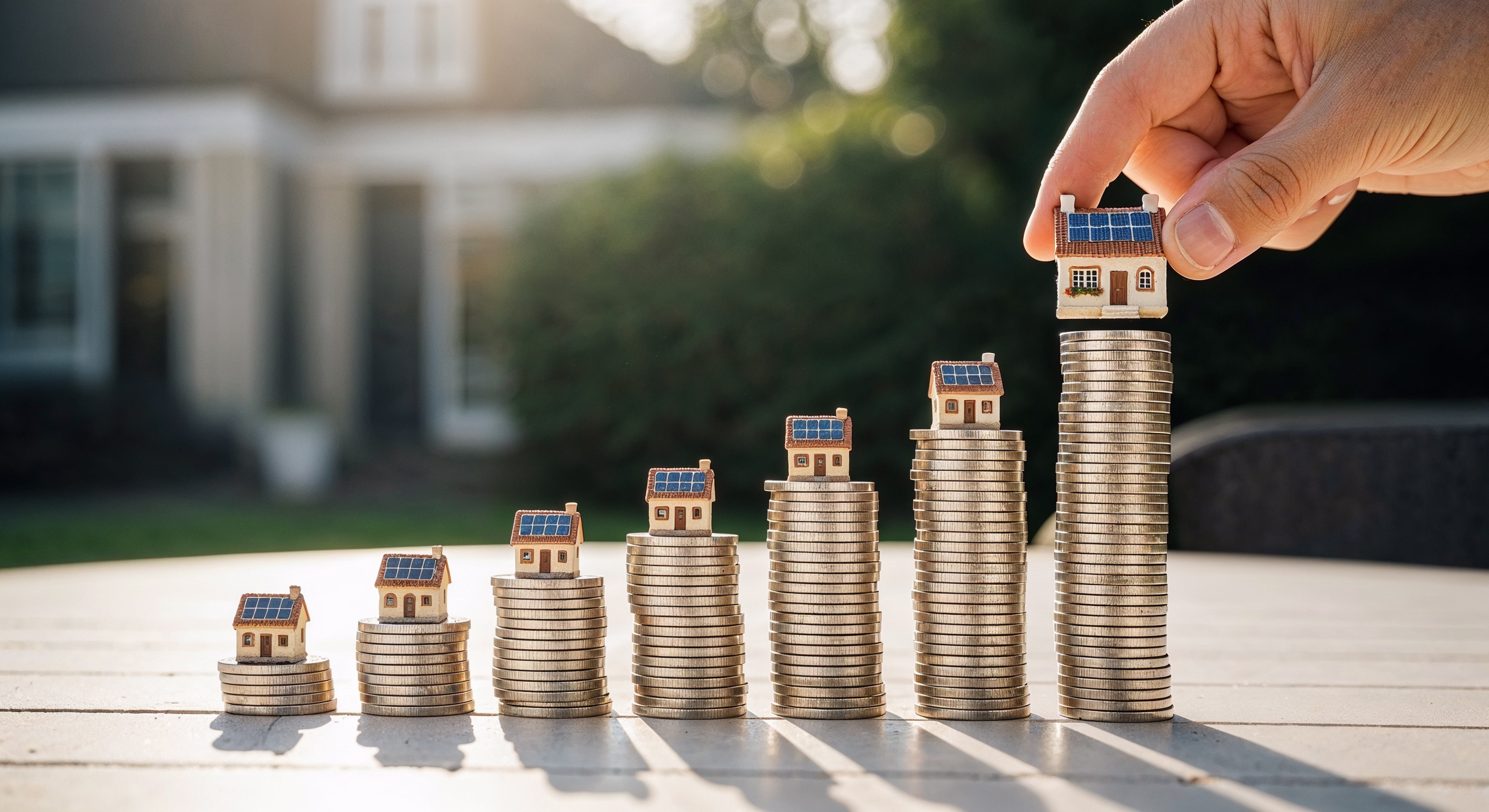 Empilement de pièces symbolisant la rentabilité croissante de l’investissement solaire, avec des mini-maisons photovoltaïques.
