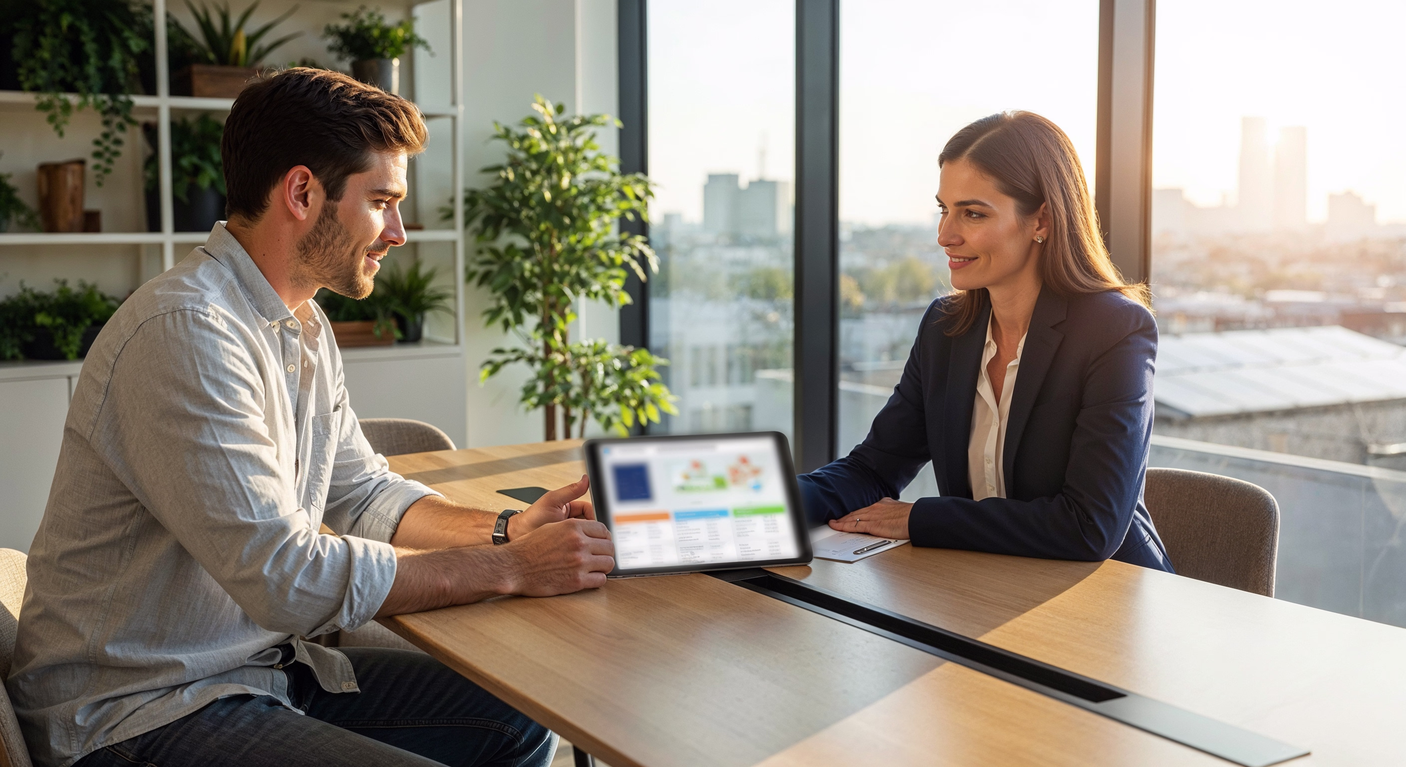 Client et conseillère bancaire discutant d’un financement pour panneaux solaires autour d’une tablette numérique dans un bureau lumineux.