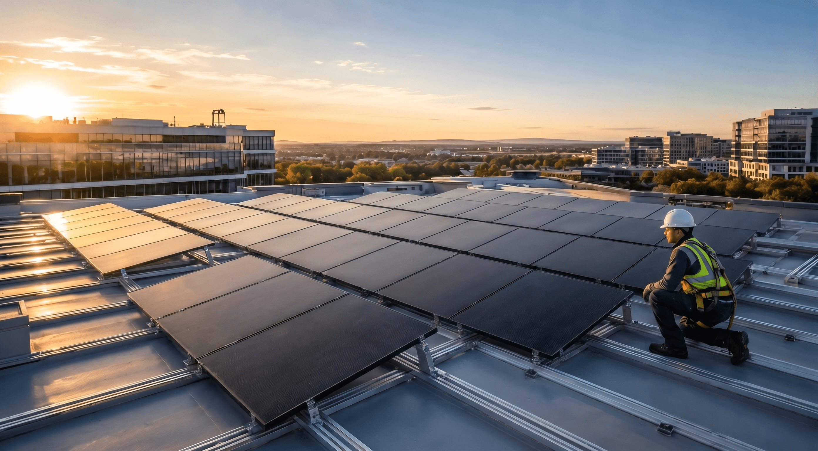 Technicien installant des panneaux solaires sur le toit d’un bâtiment professionnel, symbole de transition énergétique et d’autoconsommation photovoltaïque en entreprise.