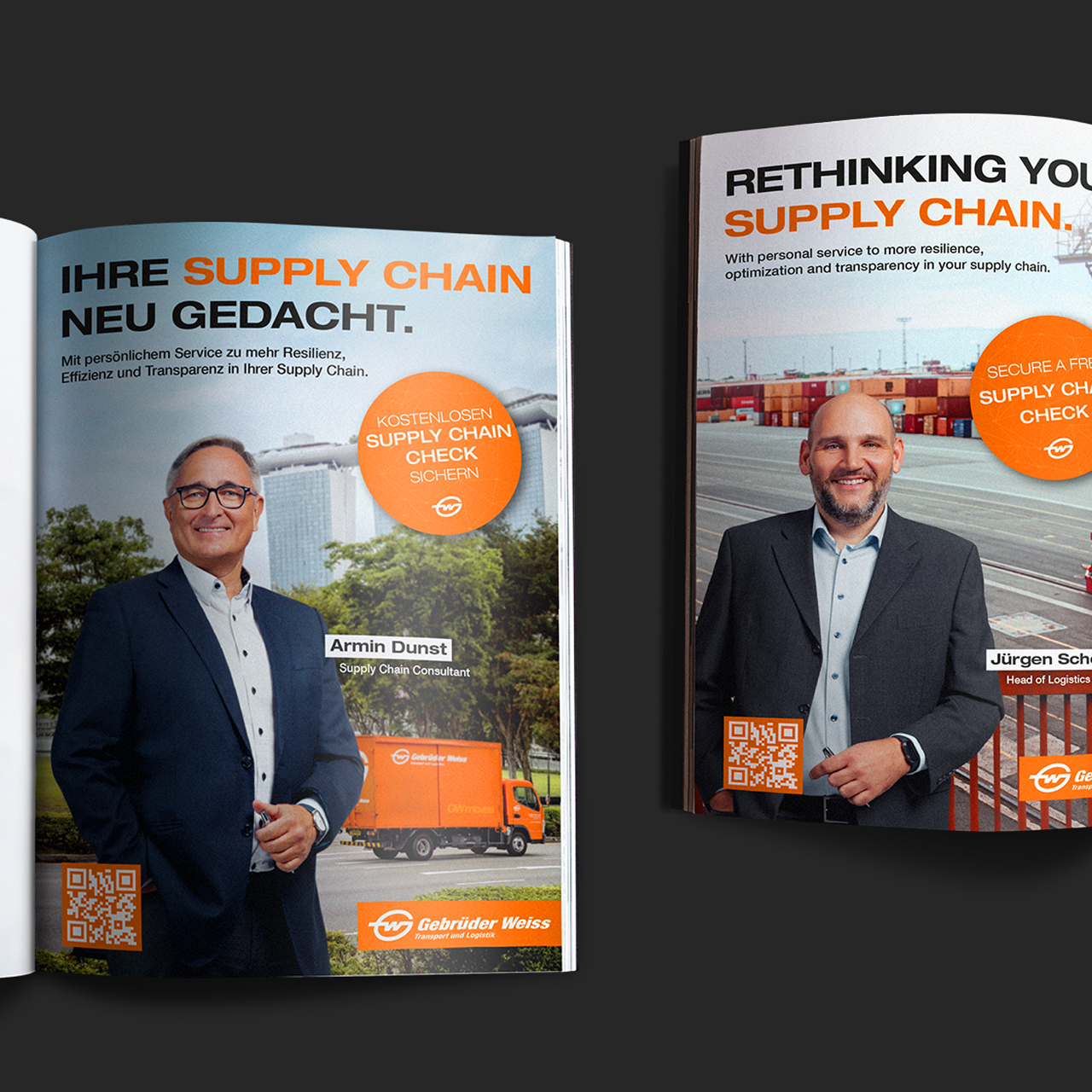 Zwei Anzeigen der Gebrüder Weiss mit je einer anderen Person in einem Magazin und dem Text "Ihr Supply Chain neu gedacht."