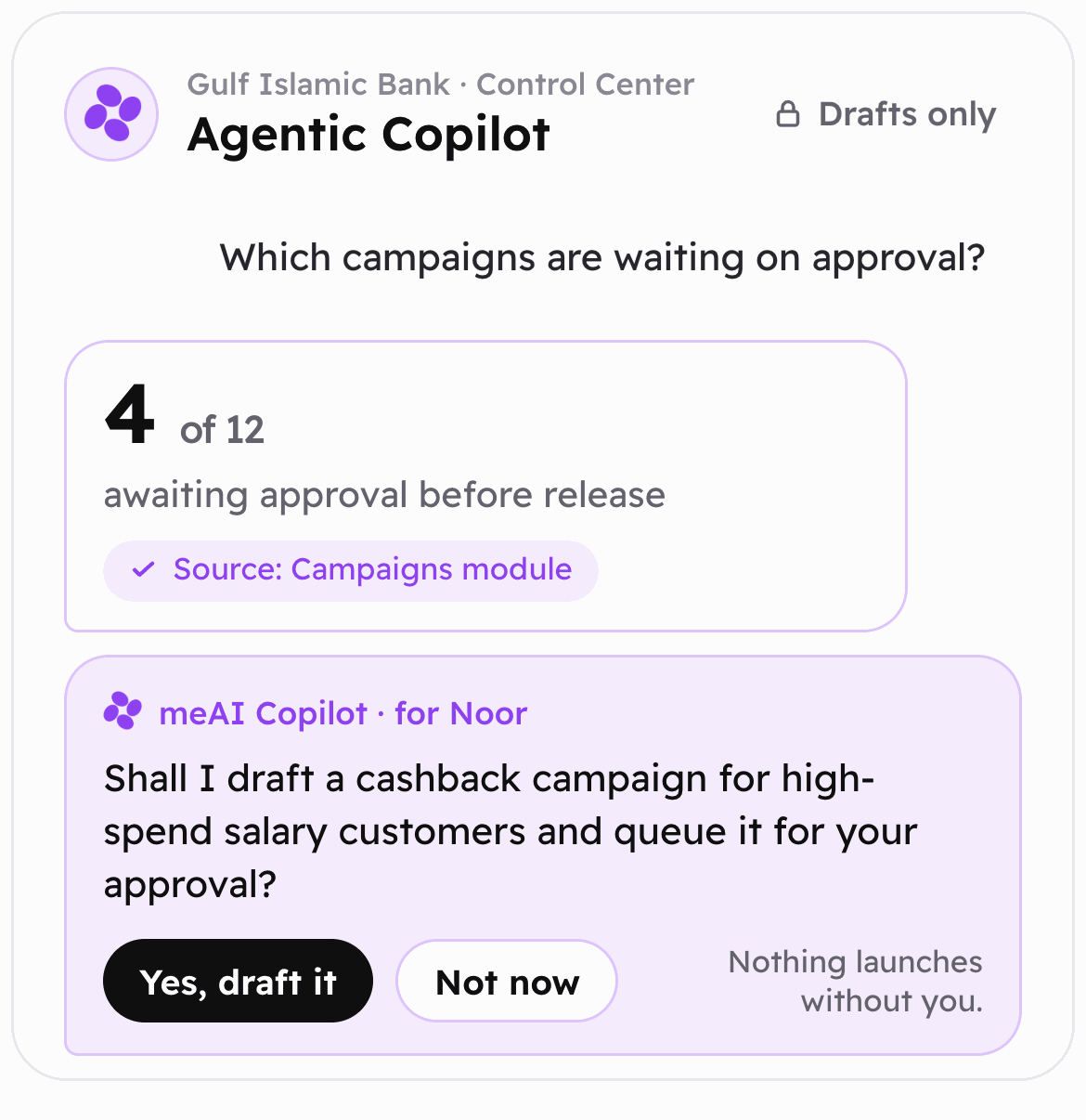 Agentic Copilot: the bank's staff assistant, grounded in its own modules, drafting only