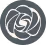 White abstract rose icon on a gray circular background.