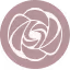 Stylized white rose icon inside a muted pink circle background.