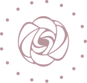 Abstract rose icon in muted pink color with dotted accents around it.
