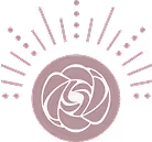 Circular emblem with abstract white rose design surrounded by pink radiating lines resembling rays.