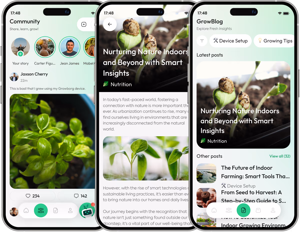 Three iphone screens showing plants growing in the ground.