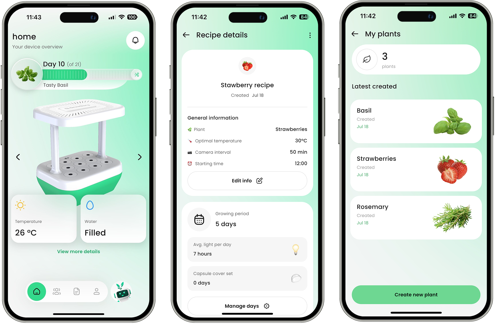 Three iphone screens showing different stages of growing plants.