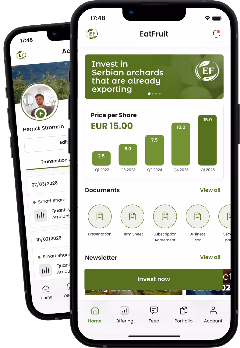 EatFruit app screen showing Serbian orchard investment, share price growth, documents, and Invest now button.
