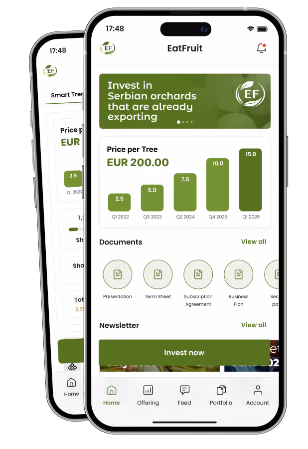 EatFruit app screen showing Serbian orchard investment, share price growth, documents, and Invest now button.