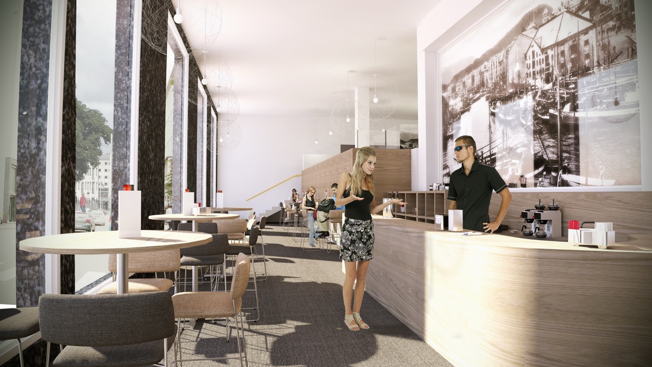 Visualisering av resepsjonsområde og kafé i moderne interiør med store vindusflater og historisk bilde på vegg.