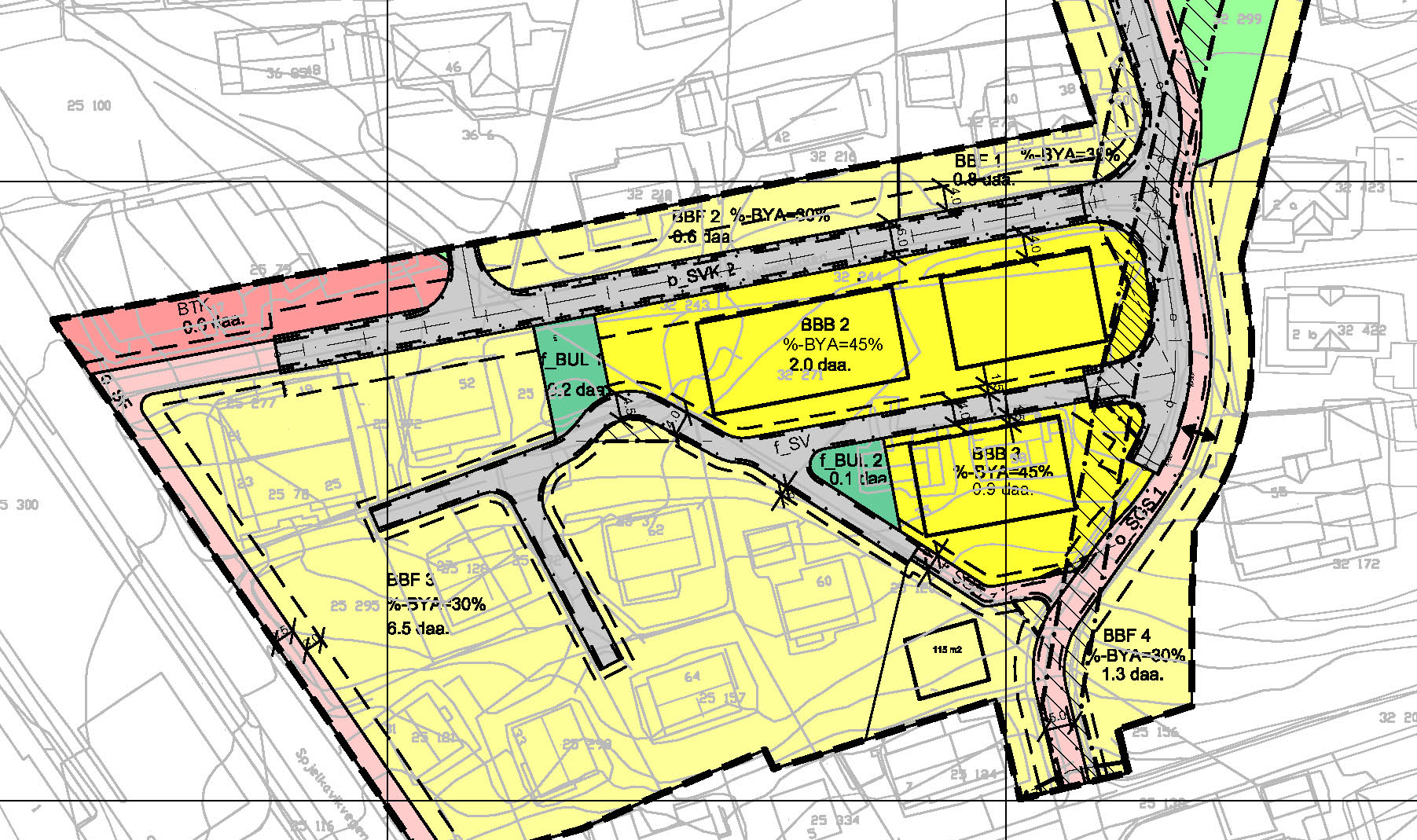 Utsnitt fra reguleringsplan som viser plassering av bygg, lekeplass, adkomst og nabobebyggelse.
