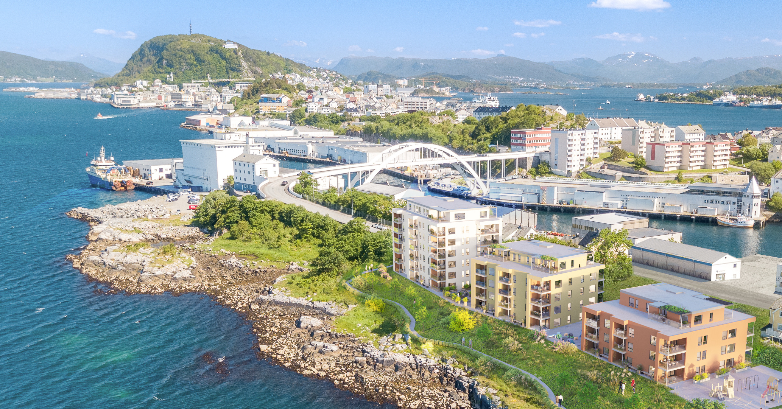 Visualisering av nytt boligområde ved sjøen med moderne blokkbebyggelse og utsikt mot Ålesund sentrum.