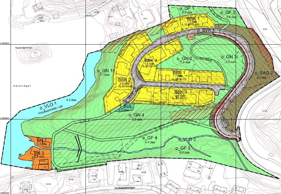 Reguleringsplan for Gullatoppen med tomteinndeling, veier, friområder og sjøadkomst.