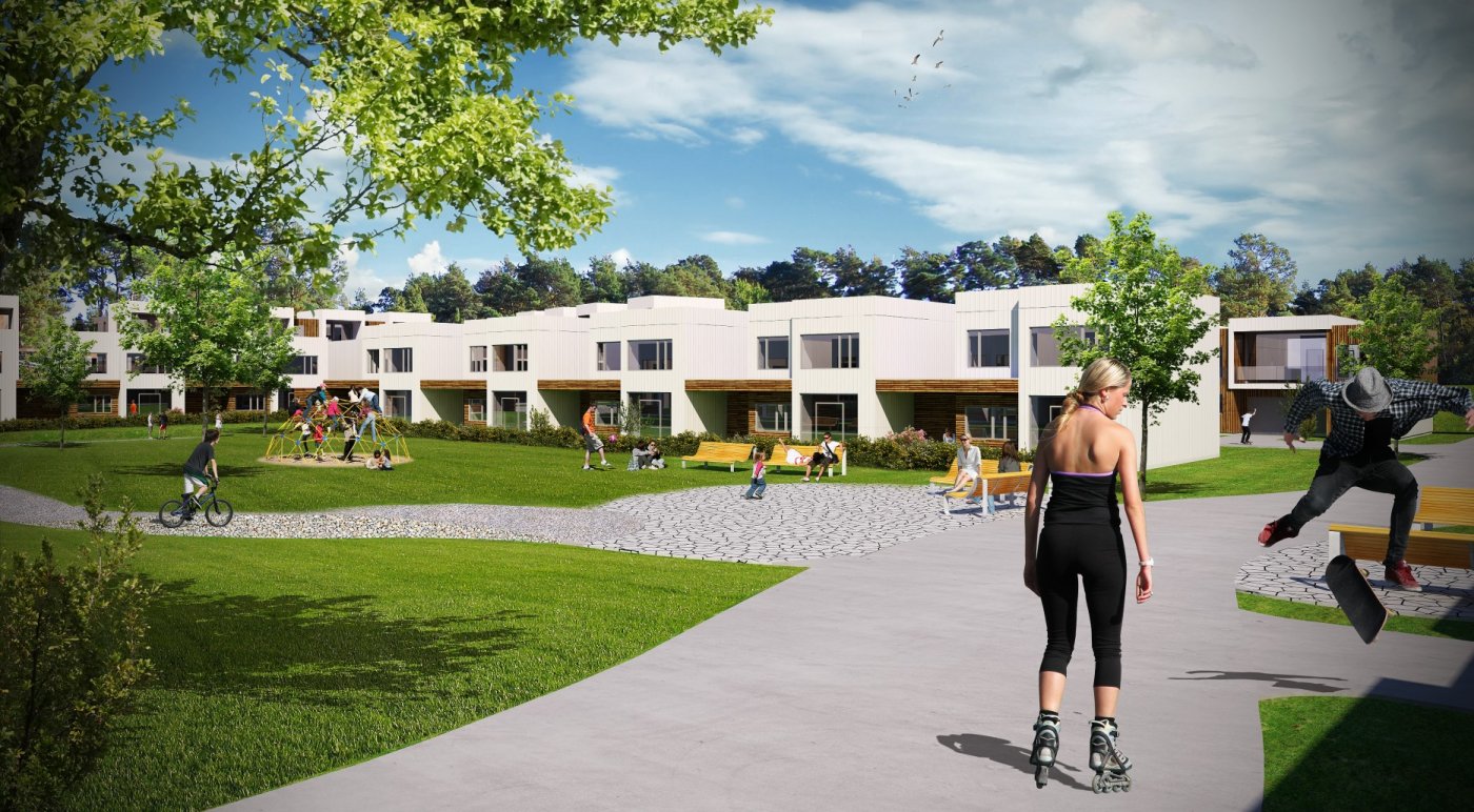 Illustrasjon av grønt fellesareal med lek, aktivitet og bebyggelse i to etasjer i bakgrunnen.