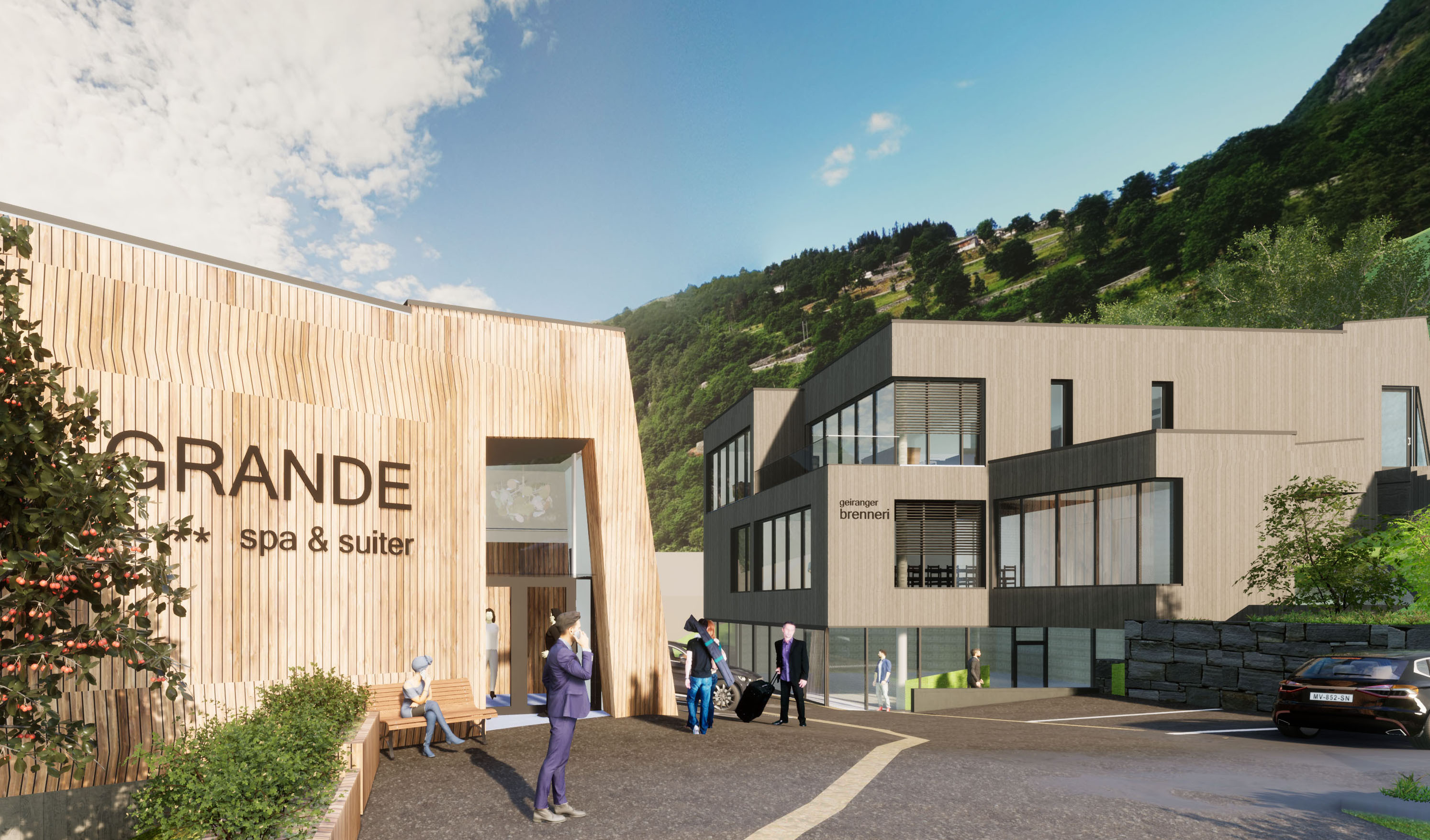 Visualisering av inngangsparti og nytt anlegg ved Grande Fjord Hotel med spa og Geiranger Brenneri.