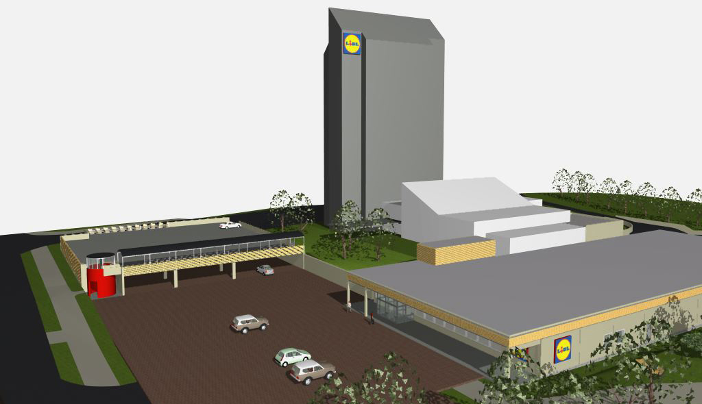 Illustrasjon av Lidl-konsept med butikk, parkering i flere nivå og tilhørende bebyggelse.