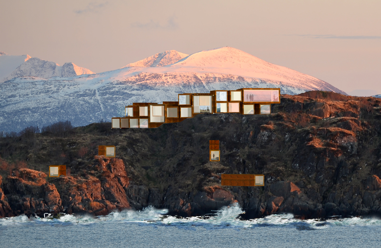 Nærbilde av hotellet og utleiehytter integrert i terrenget, med snødekte fjell i bakgrunnen.