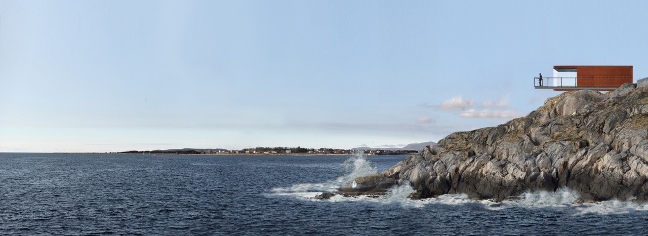 Visualisering av utsiktspaviljong ytterst på klippe ved havet, del av konsept for Furkenholmen.