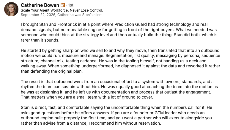 Catherine Bowen’s full LinkedIn recommendation of Stan and Frontbrick, dated September 22, 2026