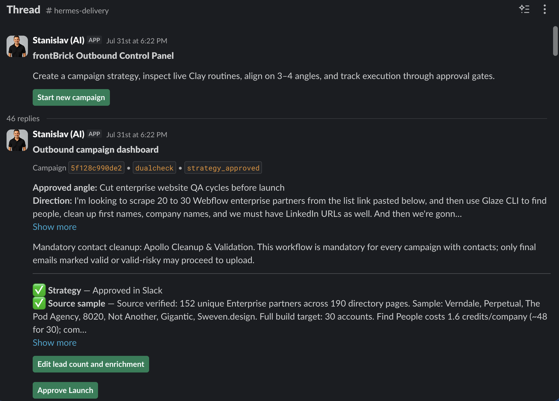 frontBrick AI Outbound Agent in Slack showing campaign strategy, source verification, contact validation and an Approve Launch button.