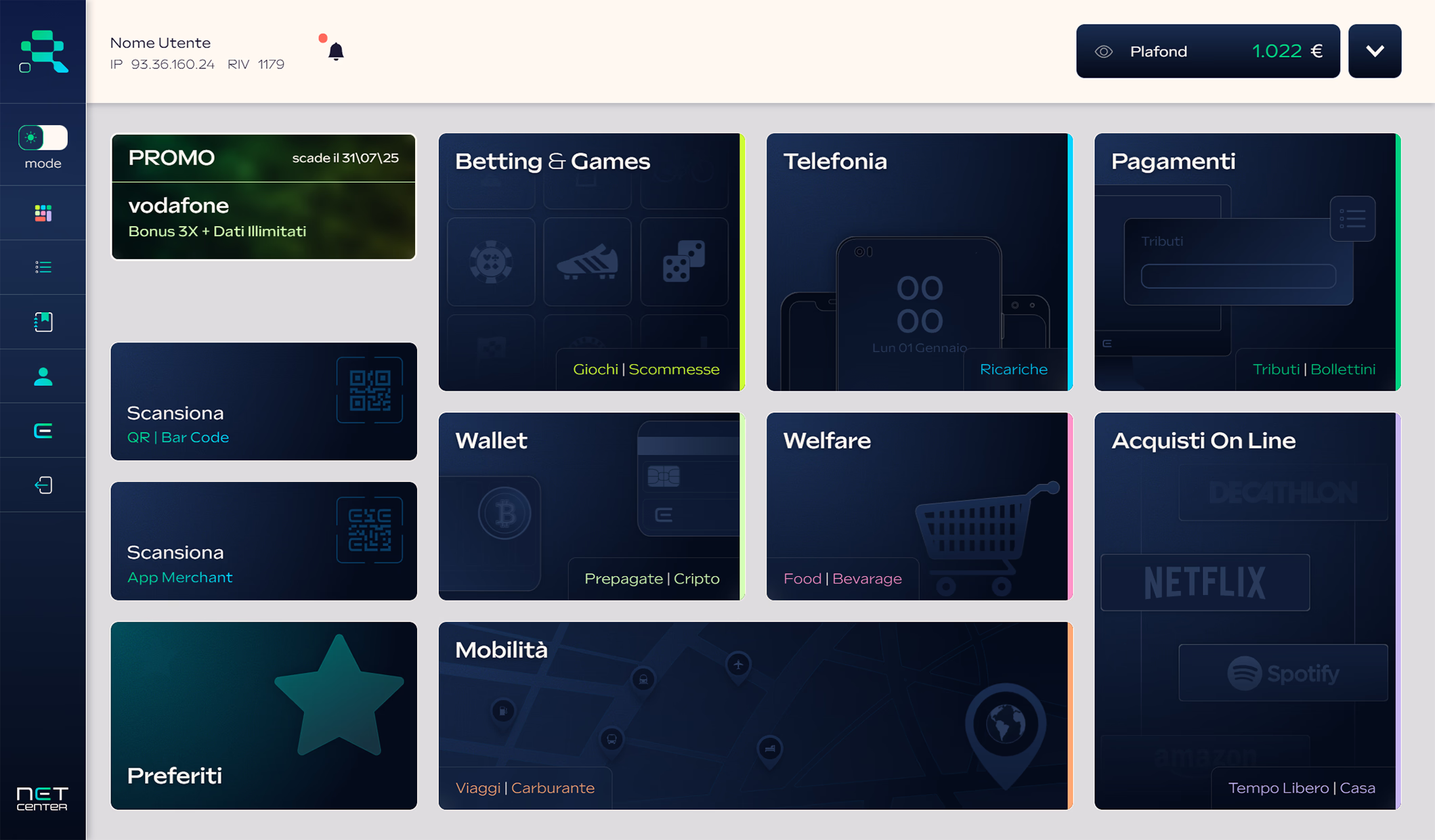 dashboard net center - light mode - rapicom - servizi per esercenti in tutta italia